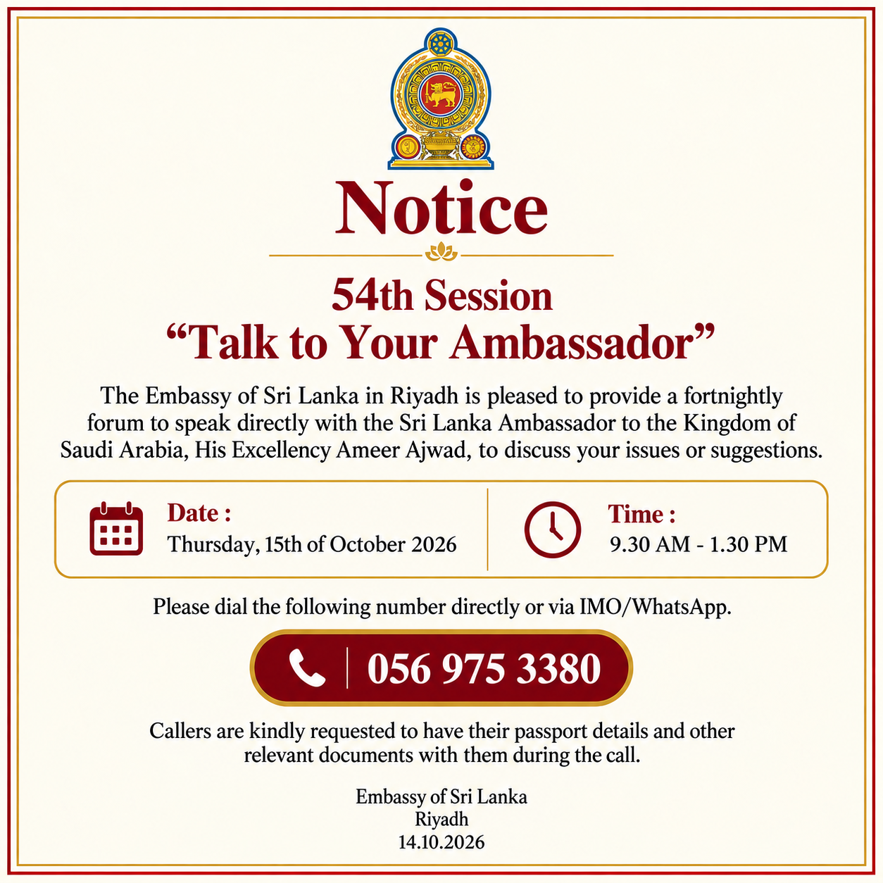 54th Talk to Your Ambassador notice – english