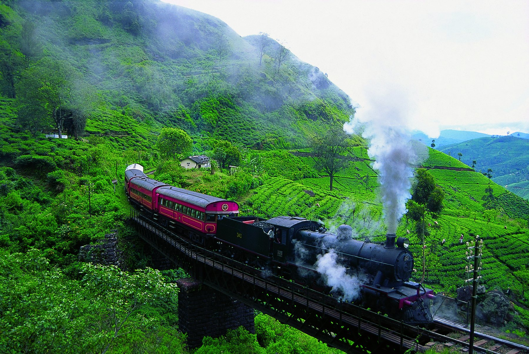 Heritage train crossing a bridge through Sri Lanka's green tea country