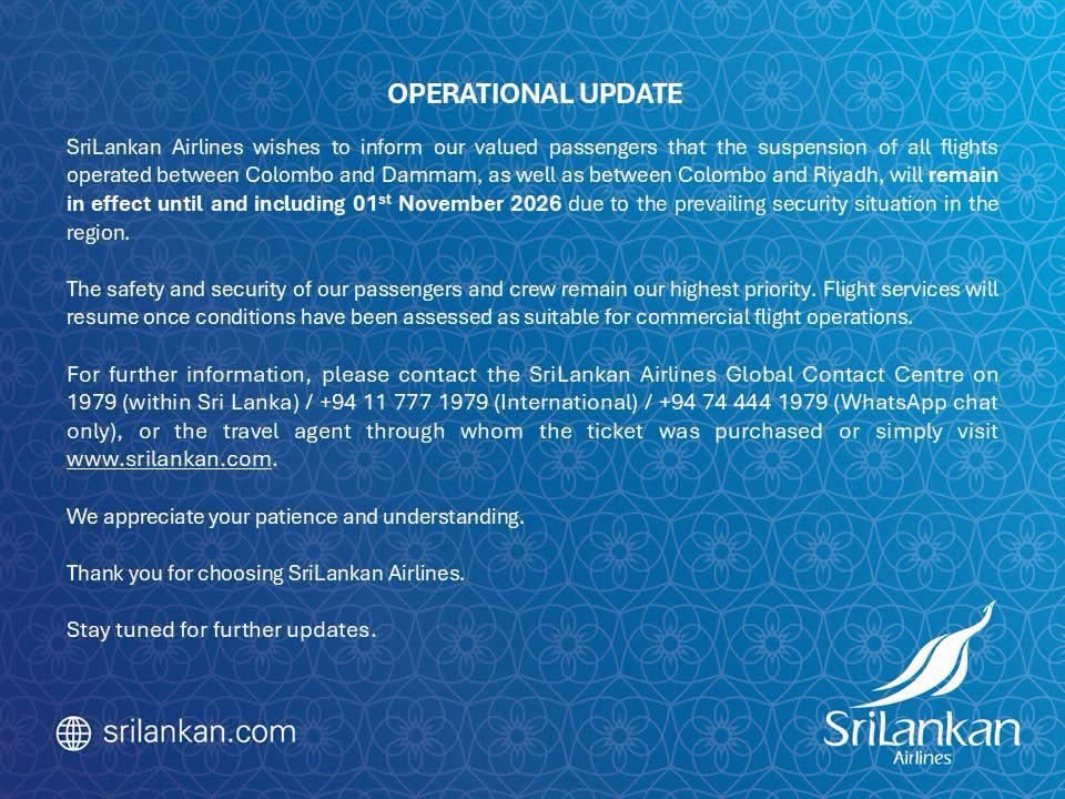 SriLankan Airlines operational update: Colombo–Riyadh and Colombo–Dammam flights suspended through 1 November 2026